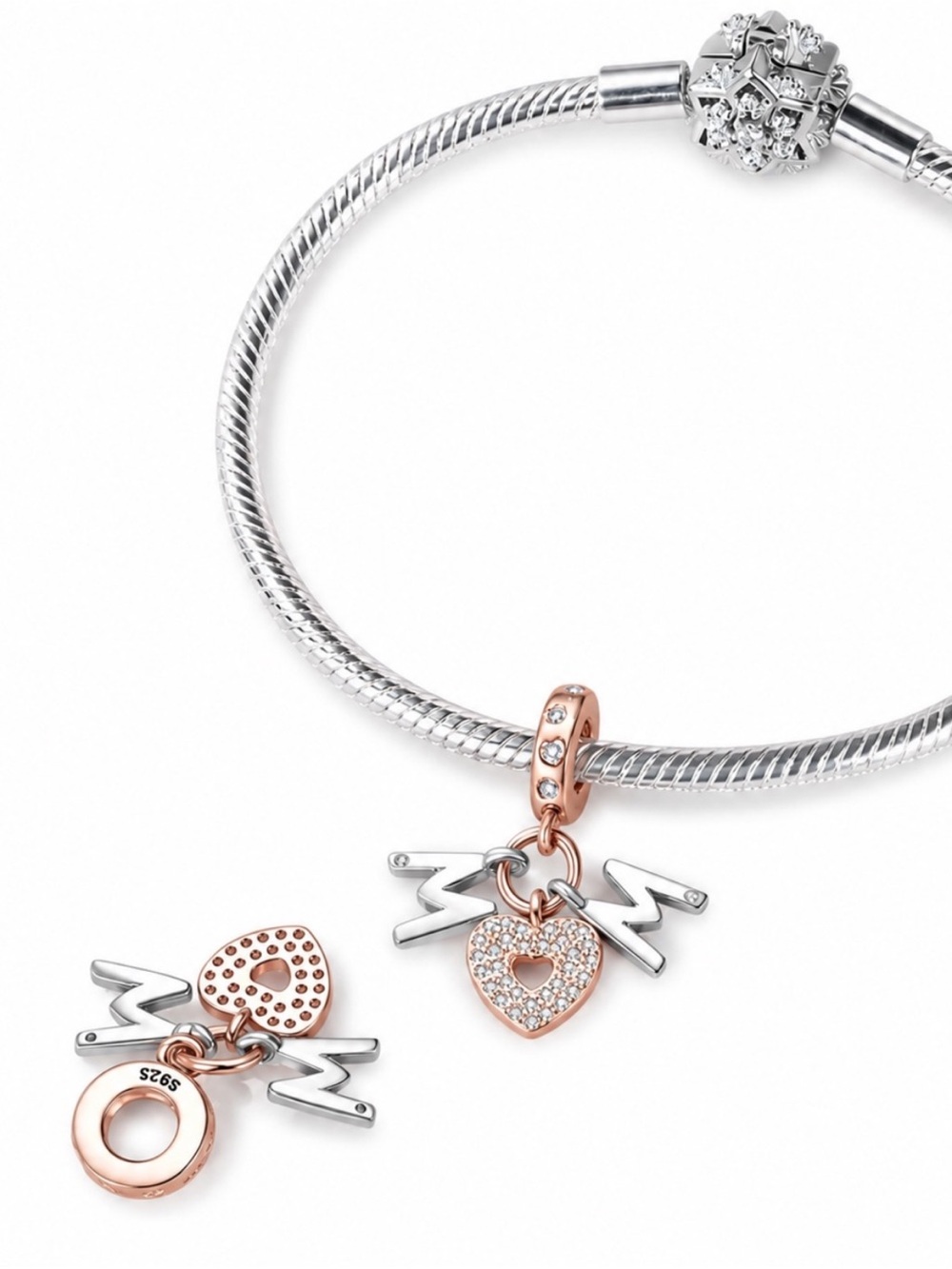 Sterling Silver Rose Gold MOM Heart Dangle Charm Pandora Style